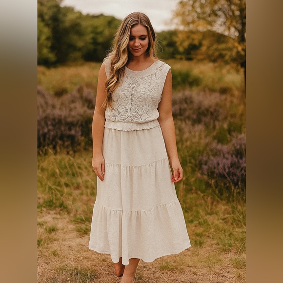 Polagram Dresses & Skirts - Polagram Cream Crochet Knit Top Maxi Dress Size Small Boho Cottagecore Festival